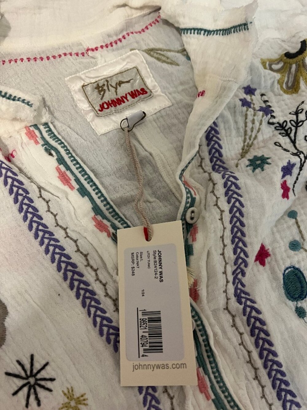 NWT Johnny Was Biya Litzy Embroidered Tunic Blouse White Size Large - Picture 3 of 4